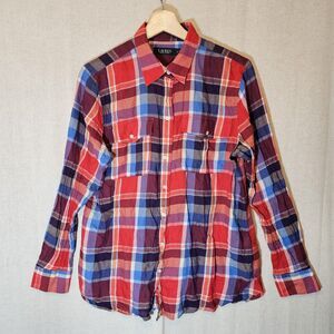 Lauren Ralph Lauren Womens Large Red Plaid Button Front Shirt Top Long Sleeve